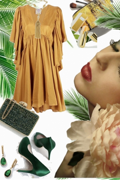 Sennepsgul kjole og grønt tilbehør- Модное сочетание