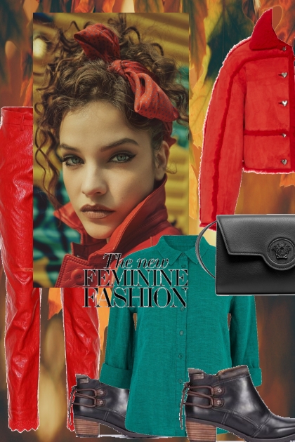 Rød bukse og jakke med turkis topp- combinação de moda