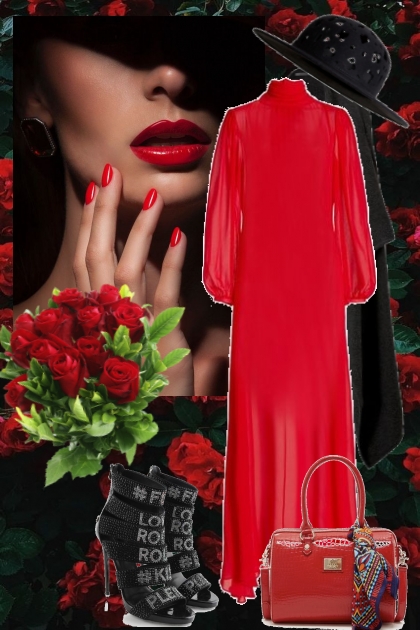 Rød kjole og sort kåpe