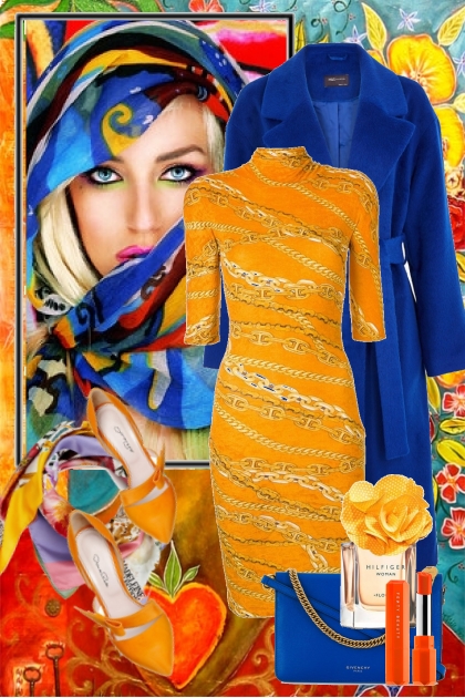 Høstantrekk i blått og oransje - combinação de moda