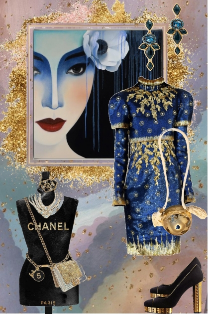 Chanel kjole i blått og gull- Modna kombinacija