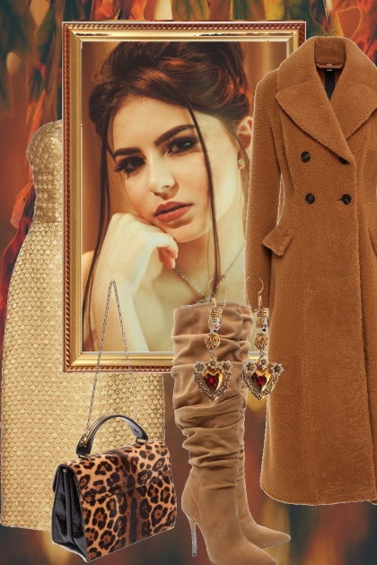 Gylden kjole og brun kåpe- Modna kombinacija