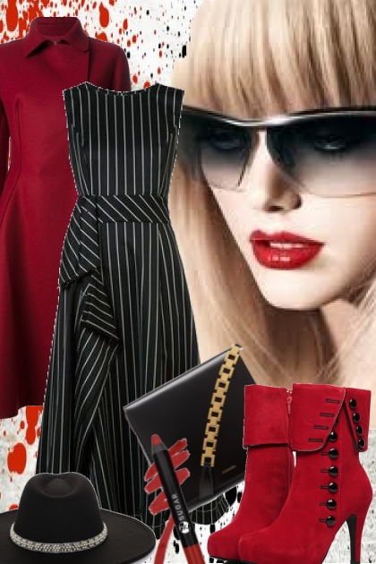 Stripet kjole med rød kåpe - Modna kombinacija
