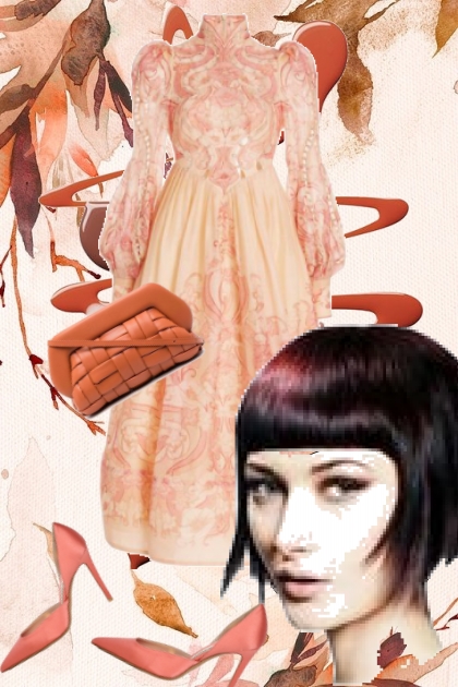 Aprikosfarget mønstret kjole- combinação de moda