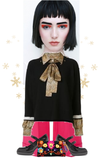 Rosa bukse og sort topp med gull- Modekombination