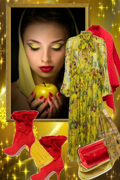 Gulgrønn kjole med rødt tilbehør- Combinaciónde moda