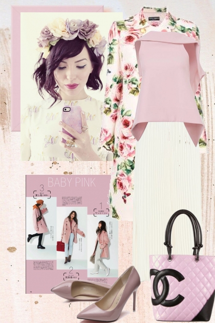 Hvitt skjørt med rosa topp og blomstret kåpe- Modekombination