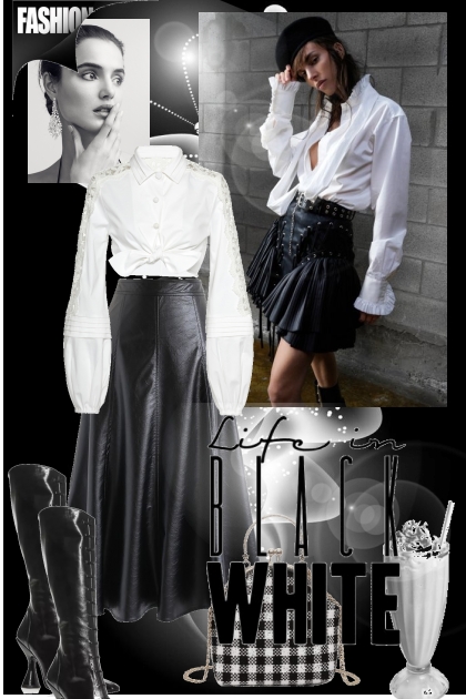 Hvit skjortebluse og sort skinnskjørt- combinação de moda