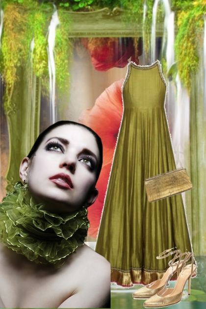 Grønn kjole med gullkant- Modekombination