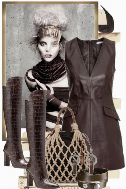 Mørk brun skinnkjole - combinação de moda