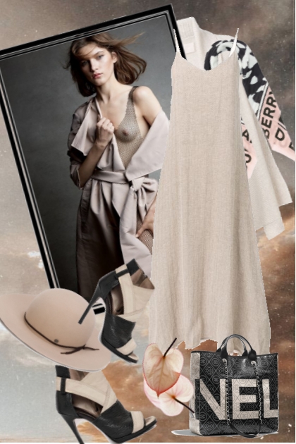 Beige kjole med beige/sort tilbehør- combinação de moda