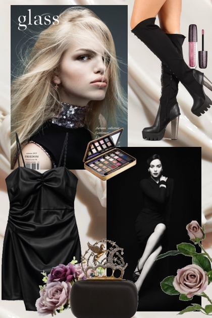 Sort kort kjole med sorte støvler- Modna kombinacija