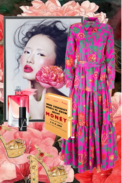 Knall rosa kjole med mønster og gullsko