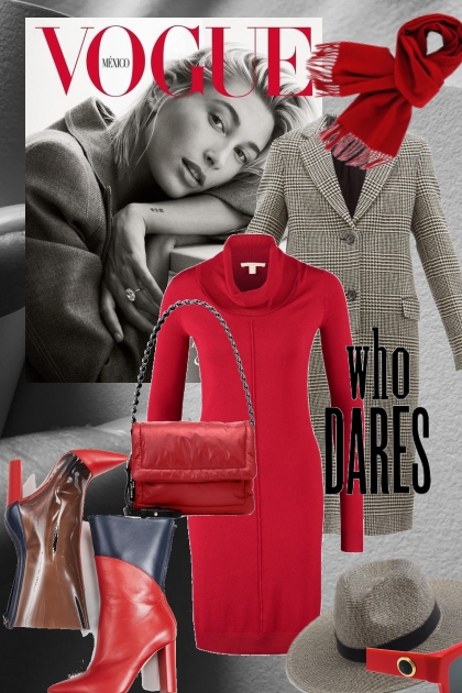 Rød kjole og rutet kåpe- Modekombination