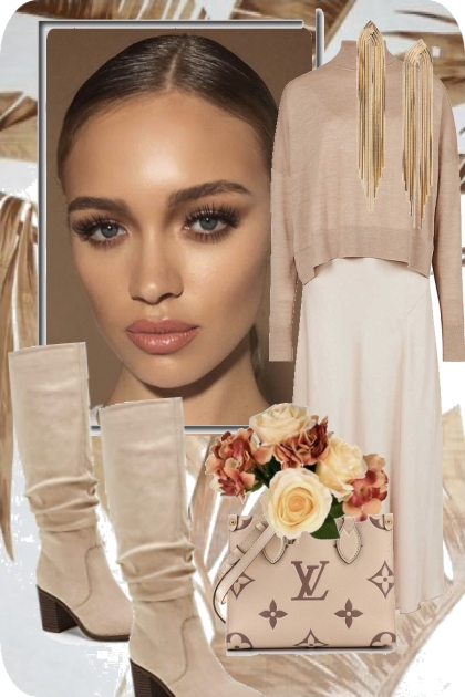Kjole med beige støvler og veske- Модное сочетание