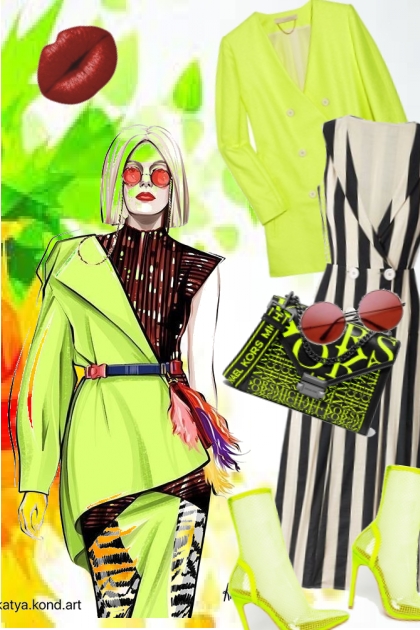 Stripet sort/hvit kjole med grønn blazer- Combinaciónde moda
