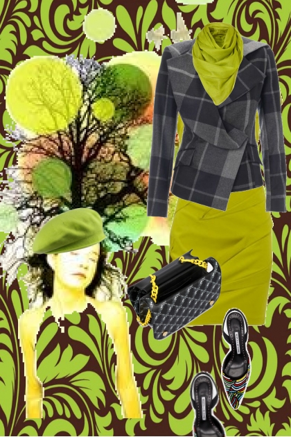 Grønn kjole og rutet jakke- combinação de moda
