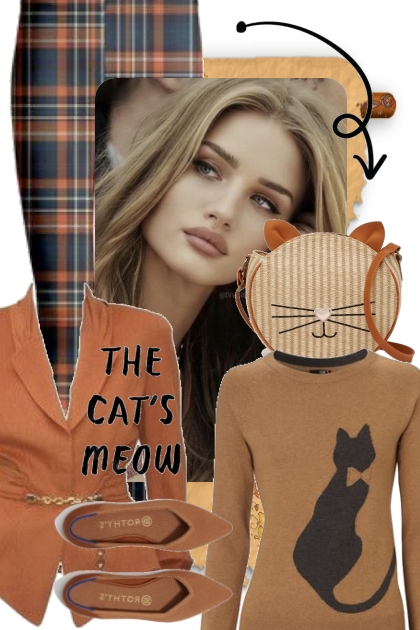 Rutet bukse og genser med katt- Combinazione di moda
