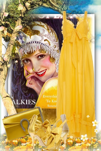 Gul kjole med gull tilbehør- Modekombination