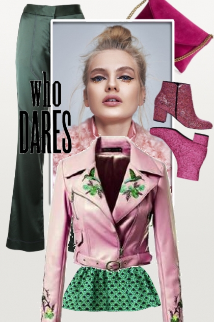 Grønn bukse og rosa skinnjakke- Combinaciónde moda
