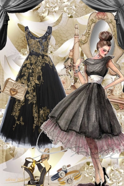 Sort kjole med gullbroderier - Combinazione di moda