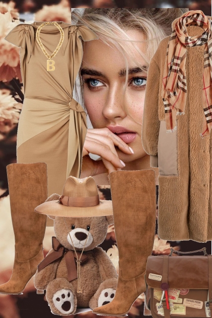 Brun kjole og Teddykåpe- Combinazione di moda