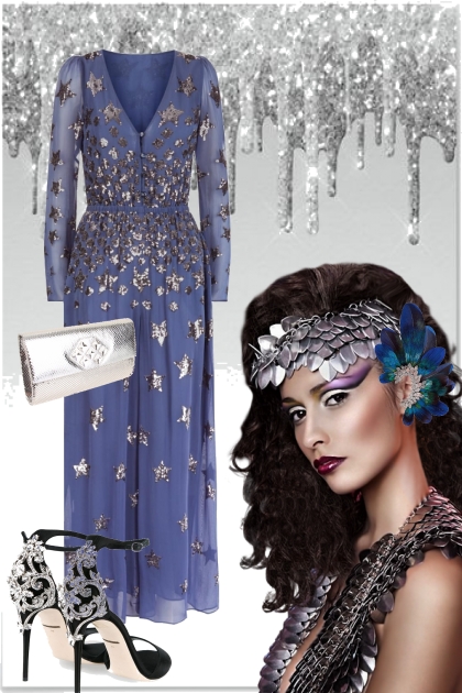 Blå side kjole med sølvdekor- Modna kombinacija