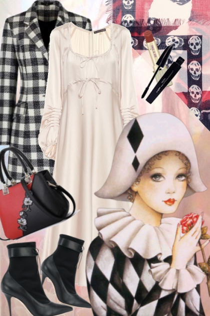 Rutet sort/hvit kåpe og lys rosa kjole