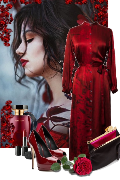 Dyp rød kjole med rødt/sort tilbehør- Modna kombinacija