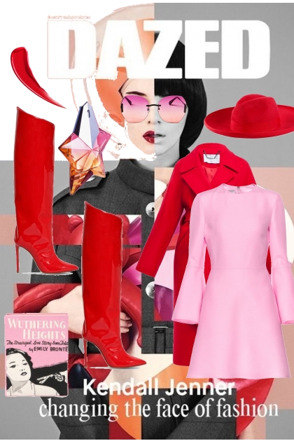 Rosa kjole og rød kåpe- Combinaciónde moda
