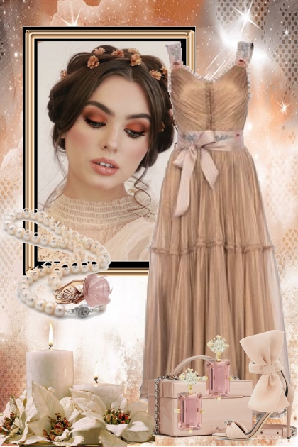 Lys brun kjole med rosa sløyfe- Modna kombinacija