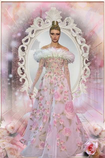Rosa kjole med roser og pels- Modna kombinacija