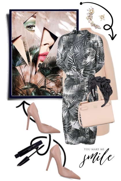 Kjole med palmemønster og rosa kåpe- Combinazione di moda