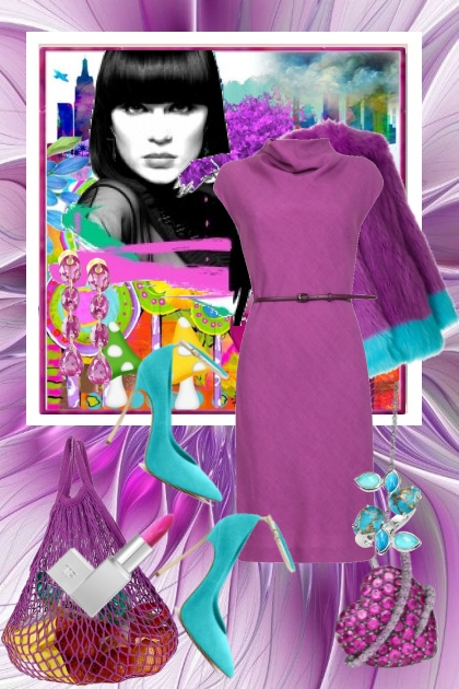 Lilla kjole og lilla/turkis jakke- Modna kombinacija