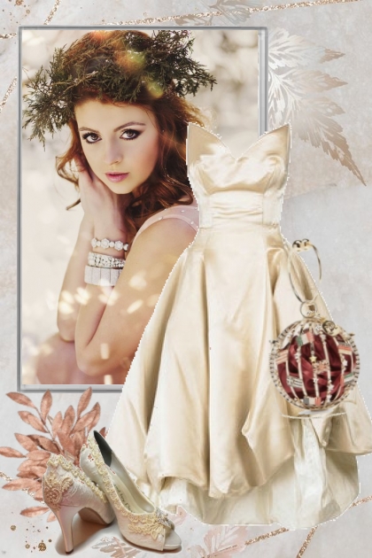 Kremfarget kjole med gullsko- Combinazione di moda