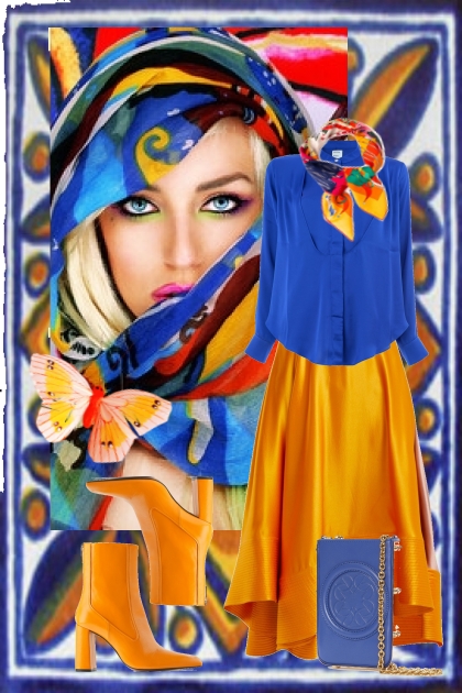 Oransje skjørt og blå bluse- combinação de moda