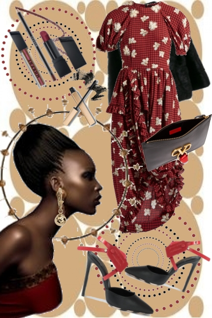 Mønstret kjole med sorte/røde sko- Modna kombinacija