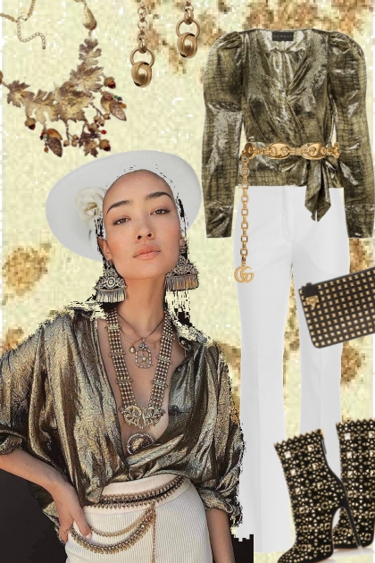 Skjorte i gull og hvit bukse - Combinazione di moda