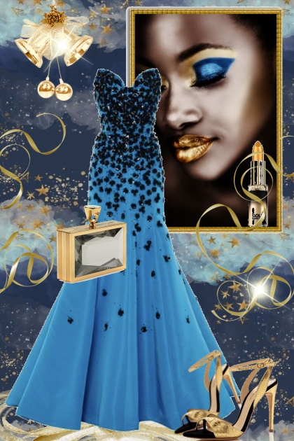 Blå sid kjole med sort dekor- Модное сочетание