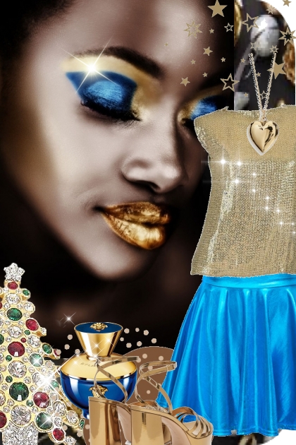 Blått metallic skjørt og gulltopp- Modekombination