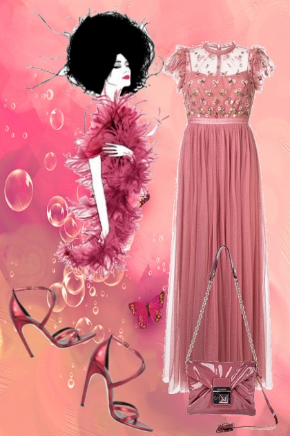 Rosa kjole med gulldekor - Modna kombinacija