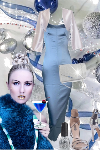 Blå kjole med sølv jakke- Modna kombinacija