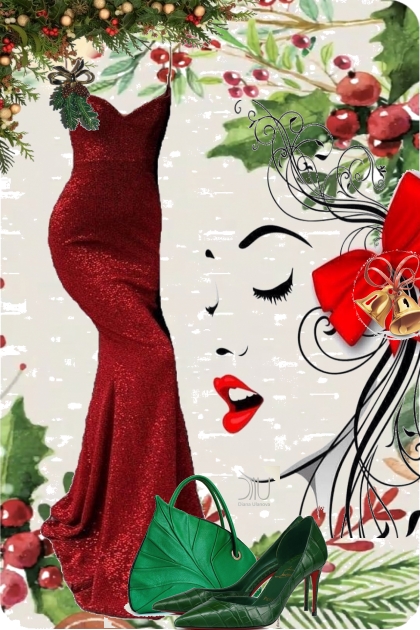 Rød sid julekjole med grønt tilbehør- Combinaciónde moda
