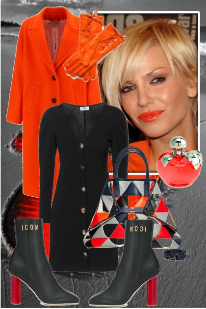 Oransje kåpe og sort kjole- Combinaciónde moda