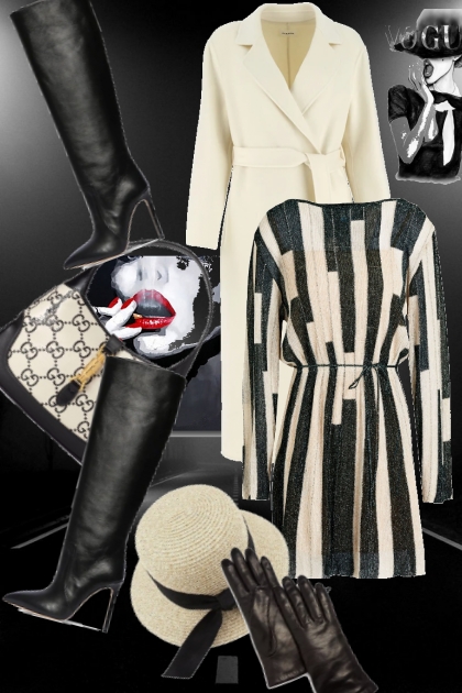 Stripet kjole og hvit kåpe- Combinazione di moda