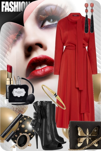 Rød kjole og sorte støvler- Combinazione di moda