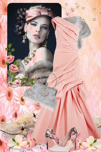 Rosa kjole med grå veske