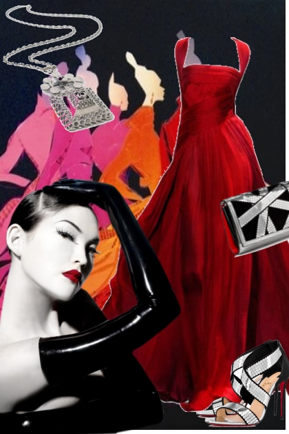 Rød sid kjole med sølv sko og veske 