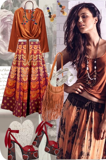 Mønstret skjørt i oransje og bluse- Модное сочетание
