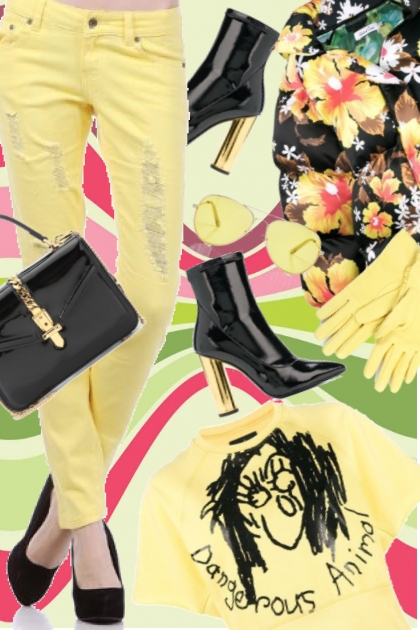 Lys gul bukse med blomstret jakke- Модное сочетание